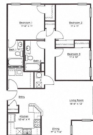 3 Bedroom 2 Bath Townhouse -2D Floorplan 3 Bedroom 2 Bath Townhouse -2D Floorplan-Murphy Park Apartments St. Louis, MO