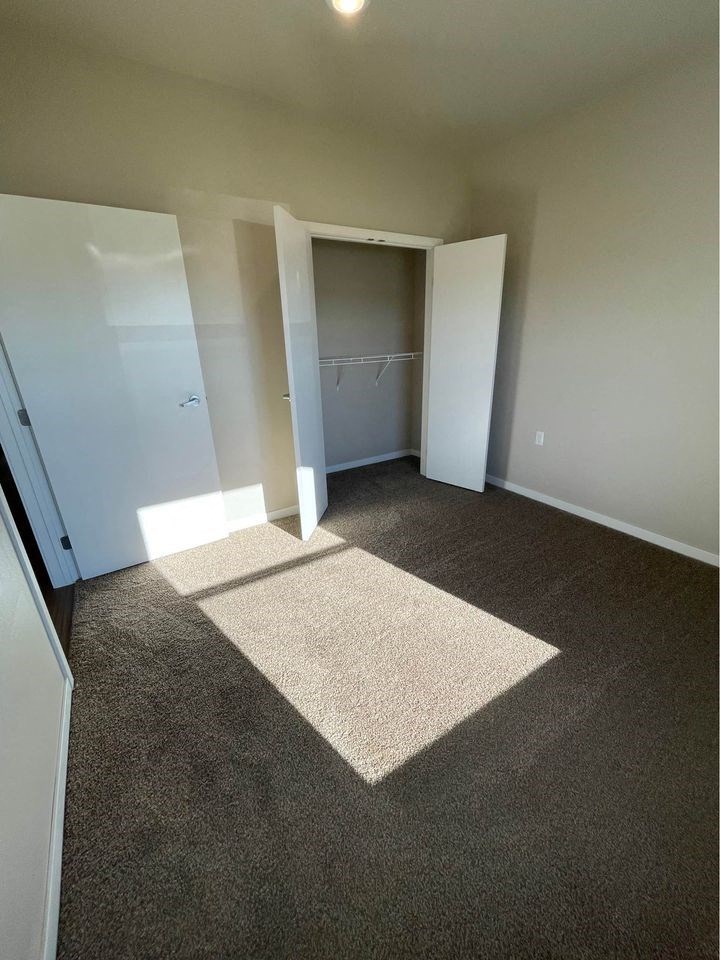 a room with a carpet and a closet
