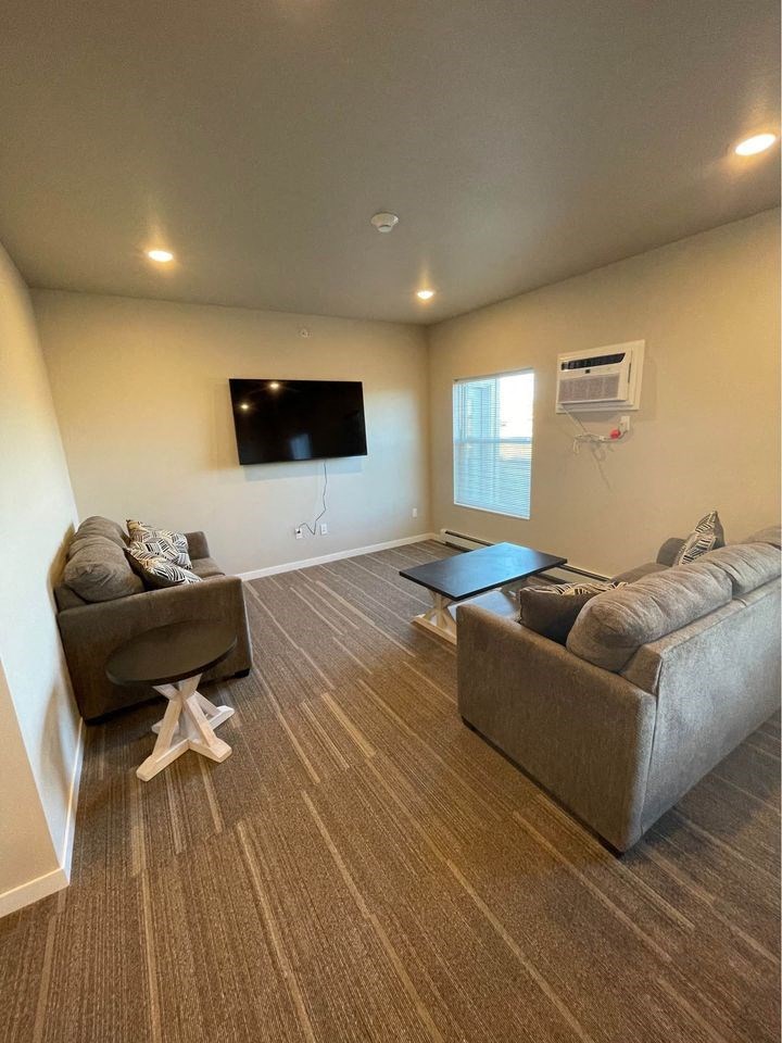 a living room with two couches and a television