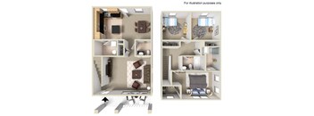 3 Bedroom  2.5 Bath Townhouse 2D Floorplan-University Place Apartments, Memphis, TN 38104