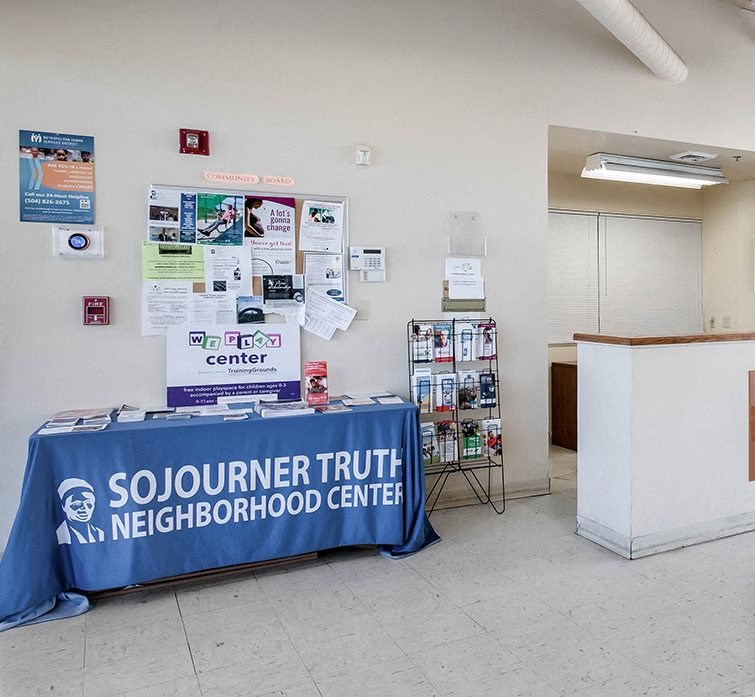 a table with a banner on it in a room
