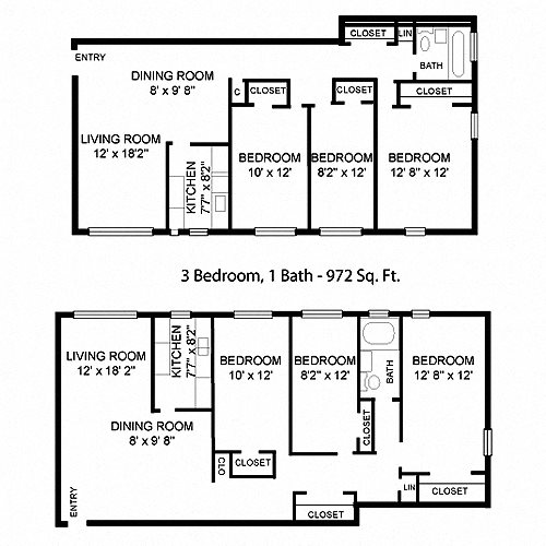 3 Bedroom 1 Bath Floor Plan, 972 Sq. Ft. 3 BR 2 BA Floor Plan 4