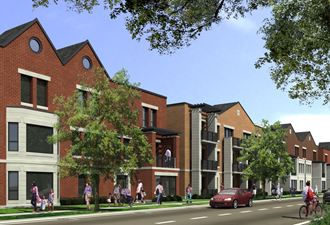 a rendering of a new apartment building on a city street