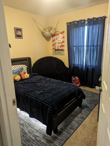 A bedroom with a black bed and a blue comforter.