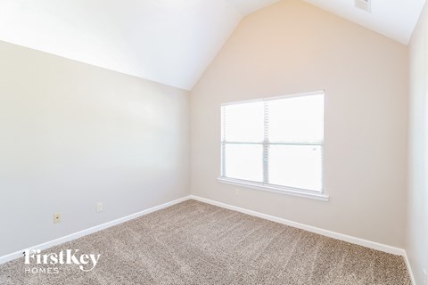 a bedroom with a carpet and a window