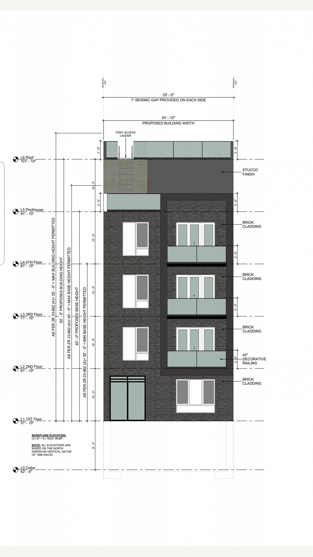 of the facade of a building with measurements