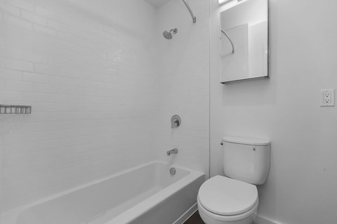 A white toilet sits next to a bathtub in a bathroom.