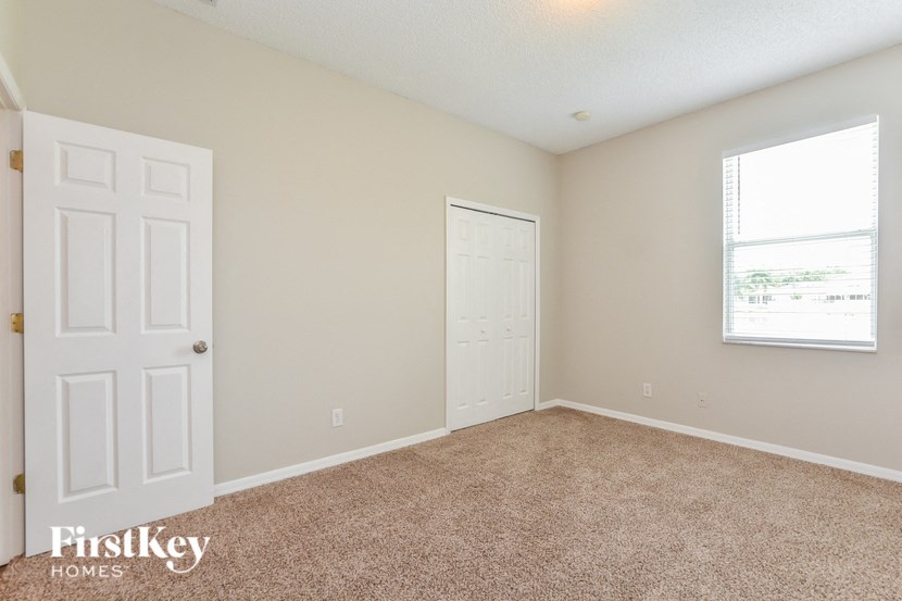 A room with a carpeted floor, a white door, and a window with a view of trees outside.