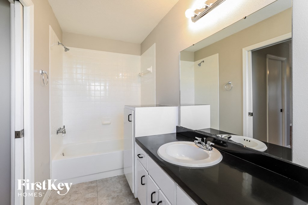 a bathroom with a sink and a shower and a mirror