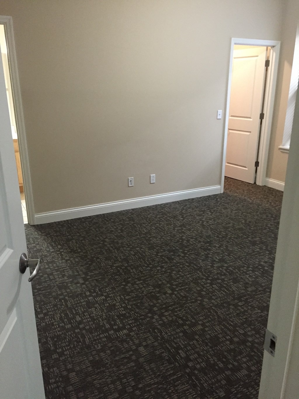 a bedroom with a carpeted hallway and a door to a closet