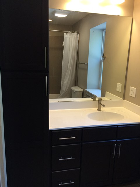 A bathroom with a sink, mirror, and cabinets.