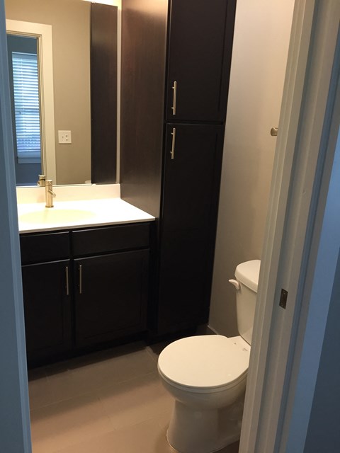A white toilet sits in a bathroom next to a sink and medicine cabinet.