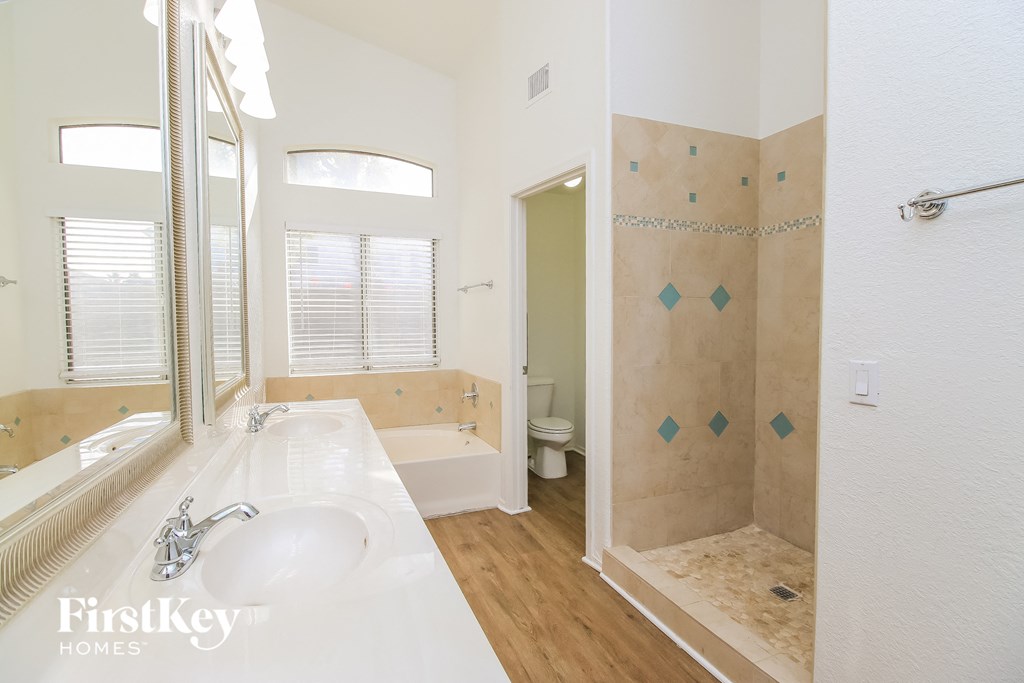 a bathroom with a sink and a shower and a toilet