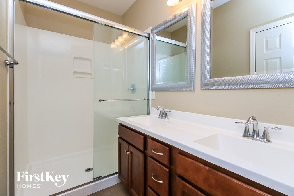 a bathroom with a sink and a shower and a mirror