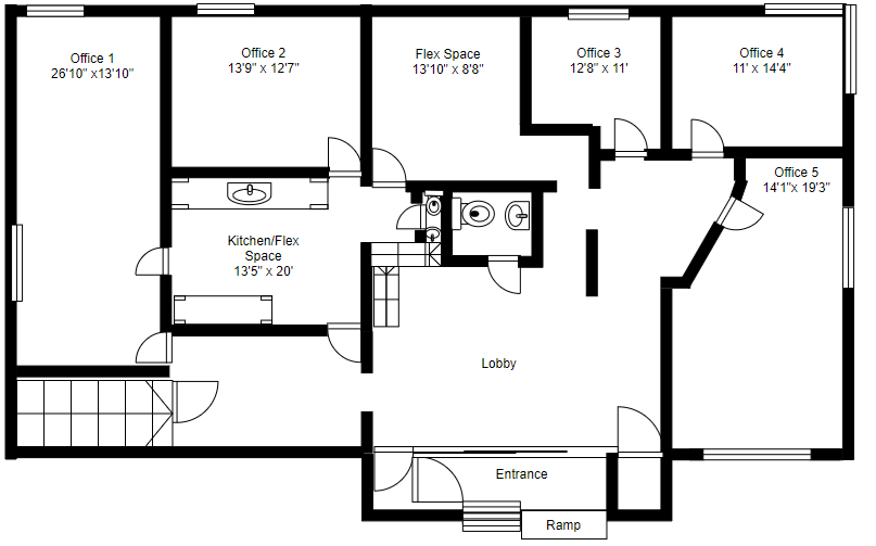 a floor plan of a house with an open floor plan with bedrooms and a kitchen