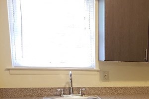 a kitchen with a sink and a black refrigerator