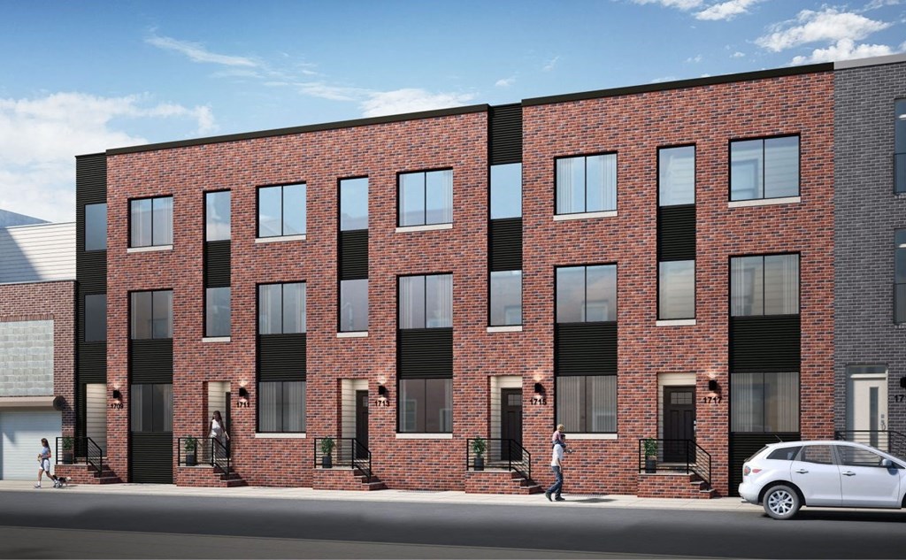 a rendering of a red brick building with a white car