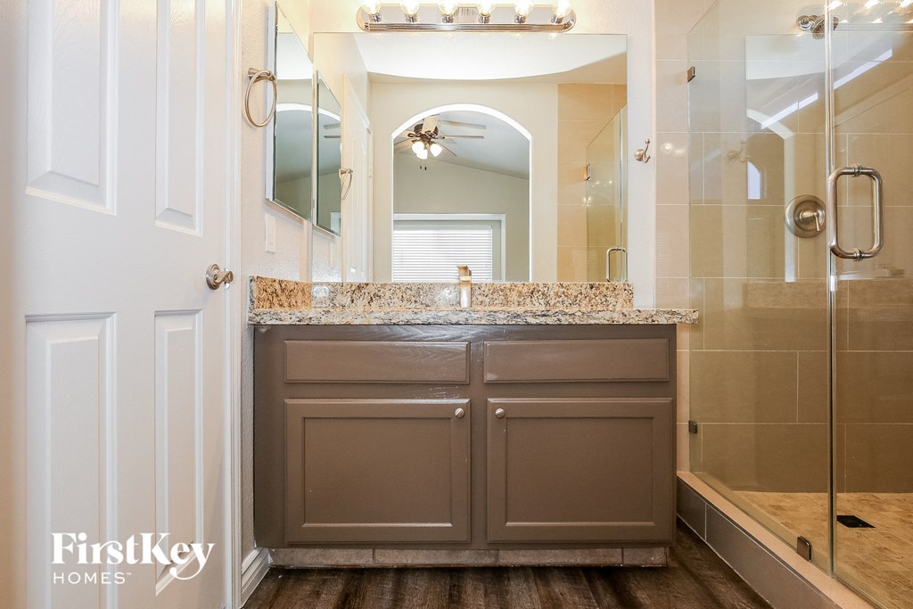a bathroom with a sink and a shower and a mirror
