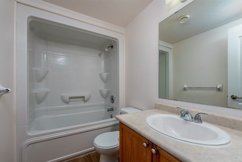 a bathroom with a shower sink and toilet and a mirror