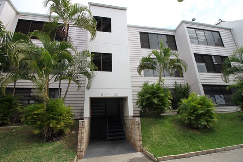A white building with a black door and windows surrounded by greenery.