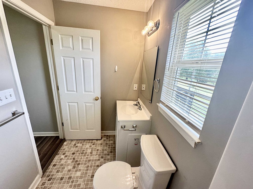 A bathroom with a toilet, sink, and a window with blinds.