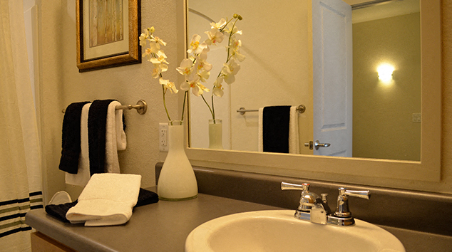 a bathroom with a sink and a mirror and a vase with flowers