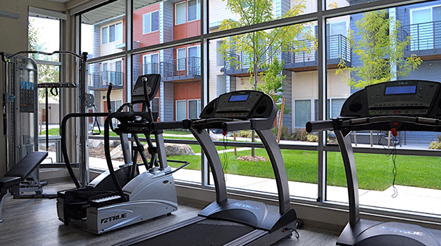 a gym with treadmills in front of a window