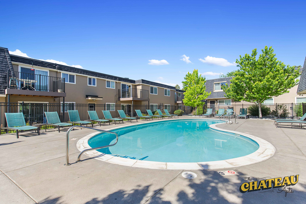 our apartments have a resort style pool with lounge chairs