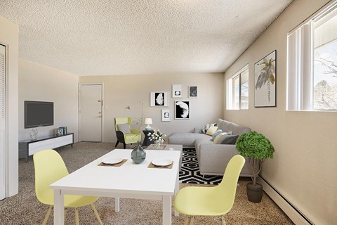 a living room with a white table and chairs