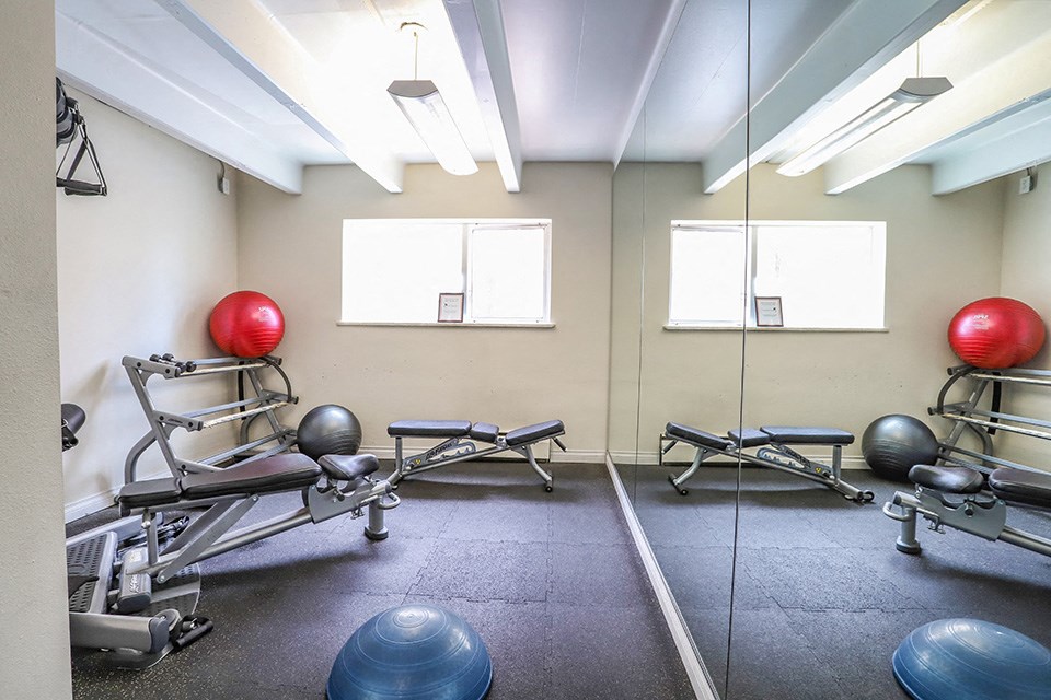 a gym with weights and mirrors in a treatment room