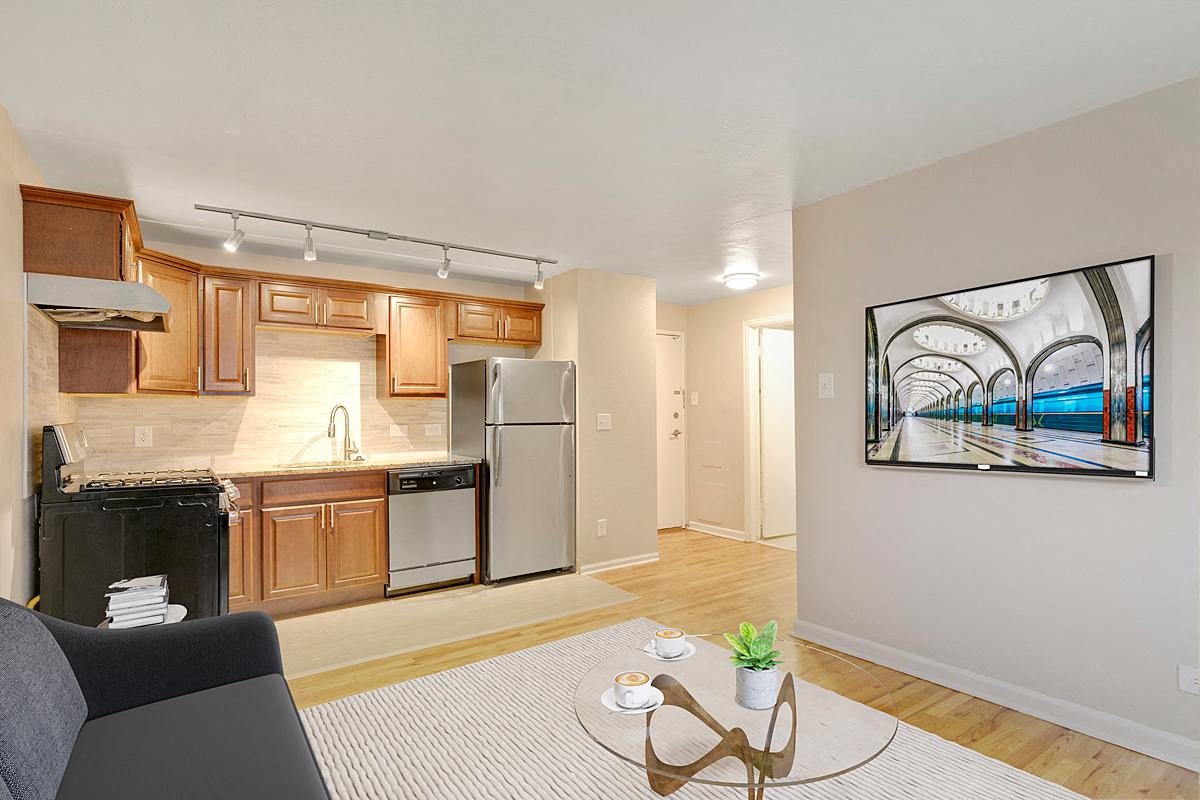 a living room with a kitchen and a rug