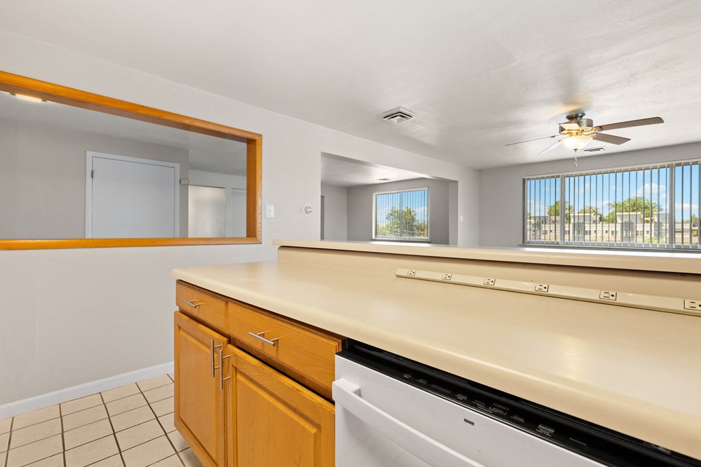 a kitchen with a counter top and a dishwasher