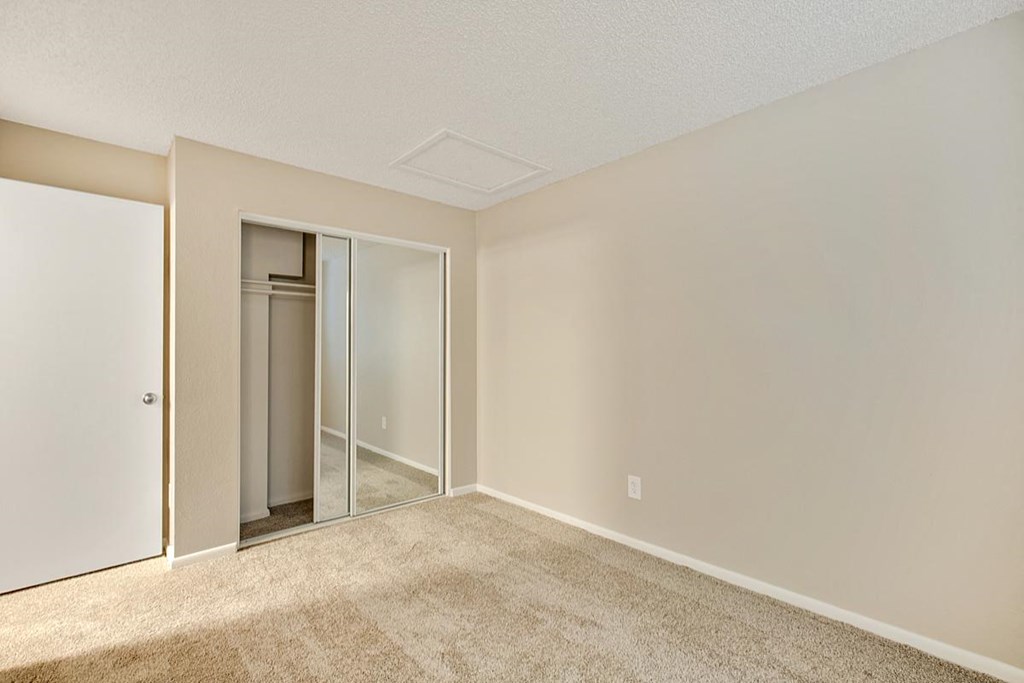 an empty living room with a mirrored closet door