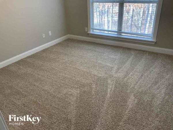 A room with a carpeted floor and a window with a view of trees outside.
