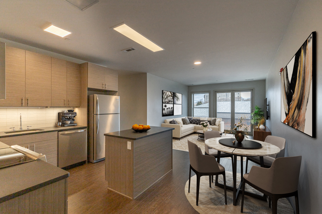 a kitchen and living room with a table and chairs