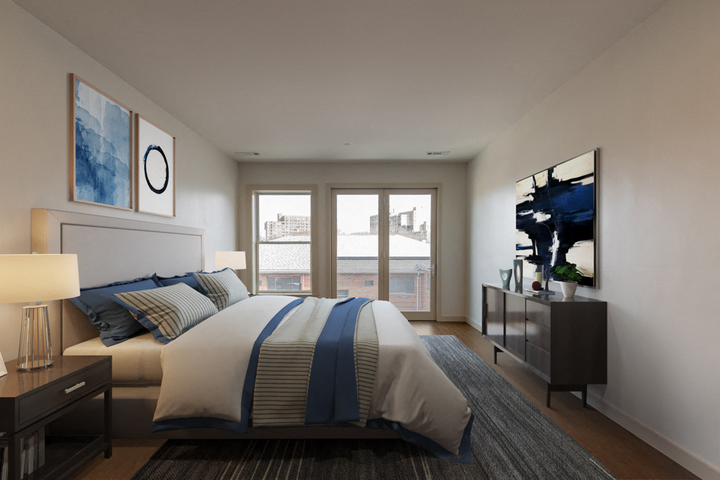 a bedroom with a bed and a dresser and a window