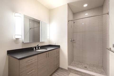 a bathroom with a shower and a sink and a mirror