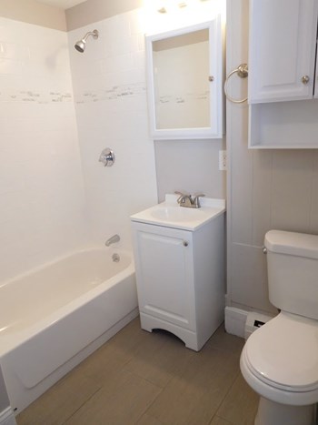 Bathroom with Tub, White Vanity and Gray Tiled Floors
