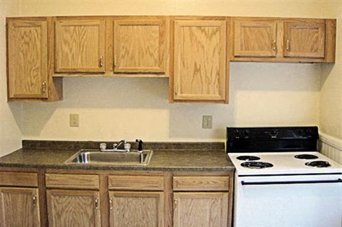 a kitchen with a stove and sink and wooden cabinets