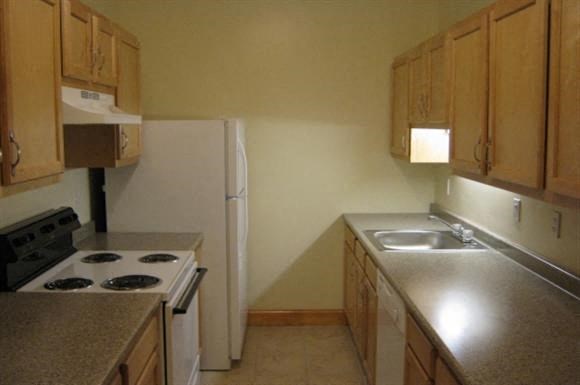 a kitchen with a stove and a sink and a refrigerator