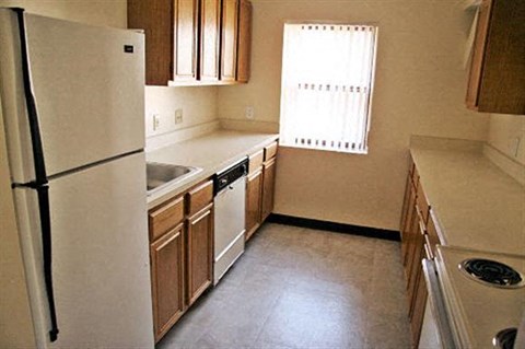 a kitchen with a white refrigerator and a sink