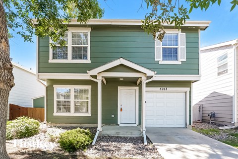 a green house with a white garage door