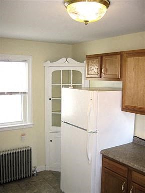 a kitchen with a white refrigerator and a cabinet