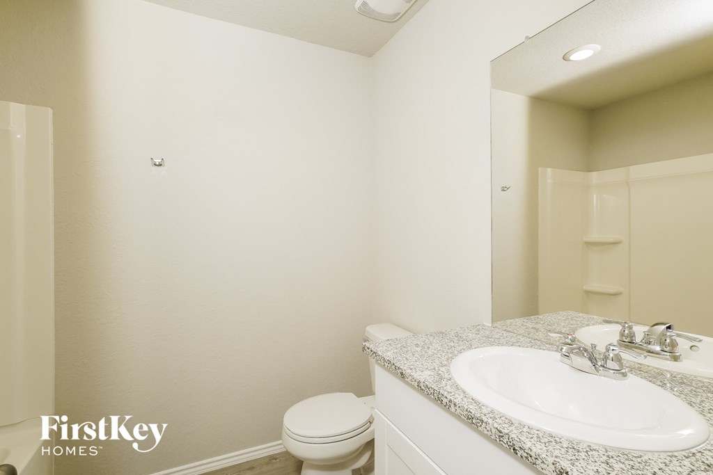 a bathroom with a sink and toilet and a mirror