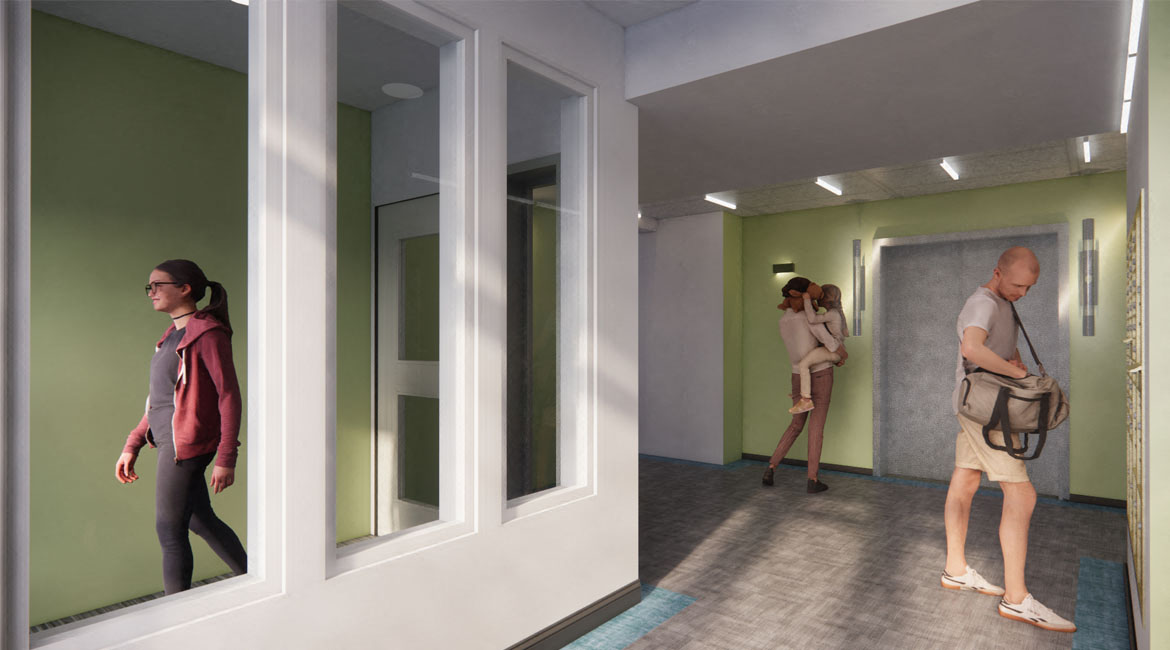 Modern hallway spaces with designer paint, elegant lighting, large windows and elevators.