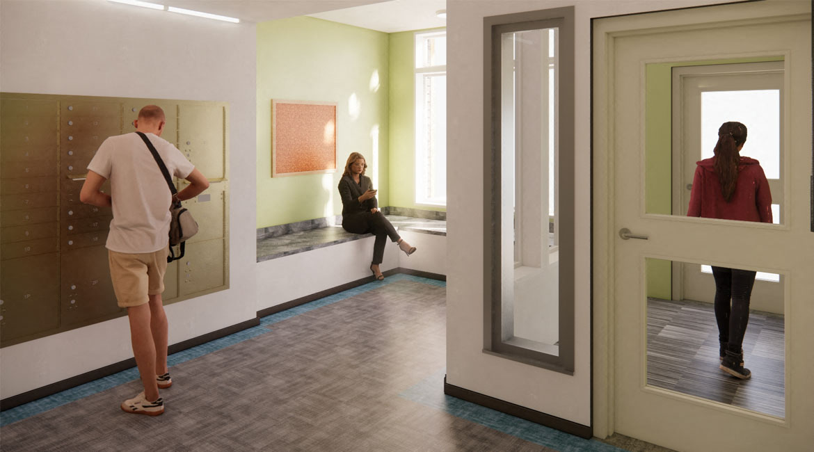 Entryway is large, welcoming, well lit, and has mailboxes.