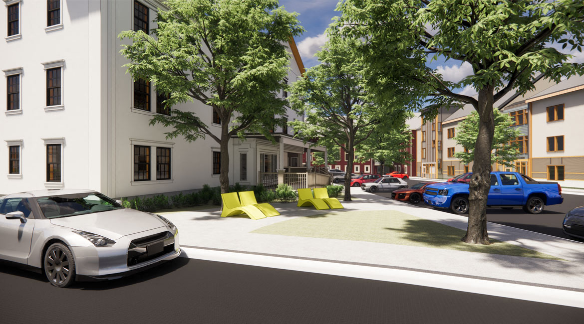 A closer street view shows outdoor lounge space with chairs.