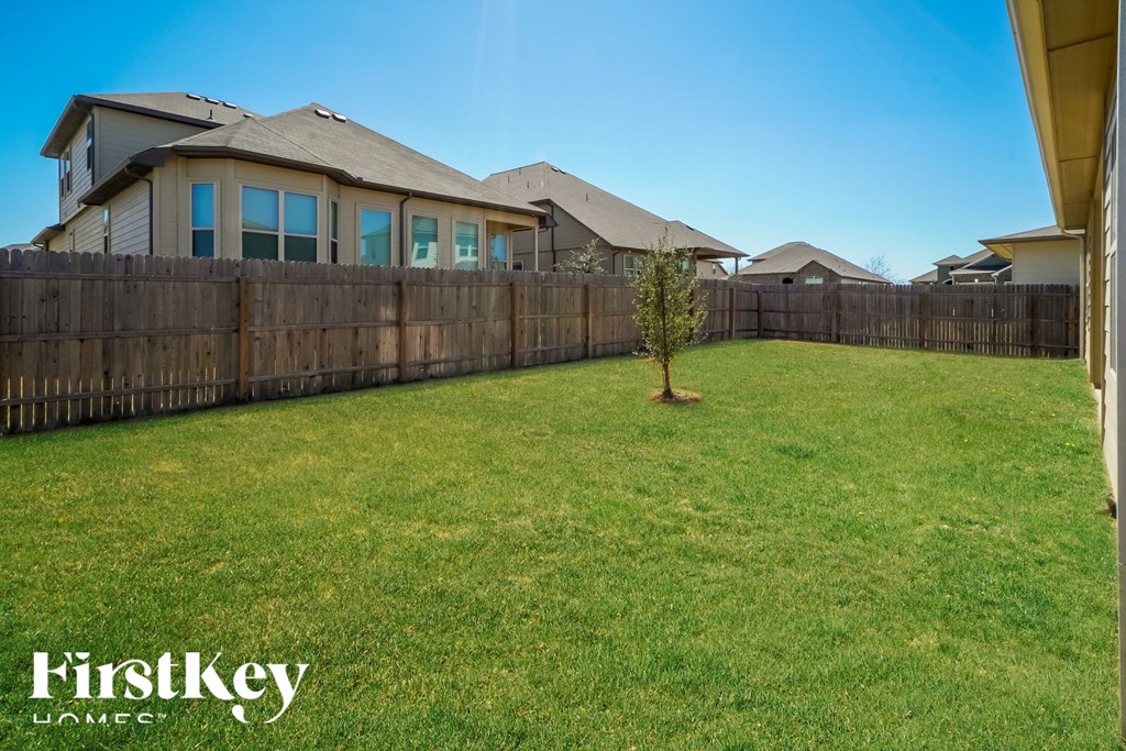 a backyard with a fence and a small tree in the grass