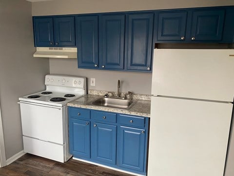 a kitchen with blue cabinets and a white stove and refrigerator