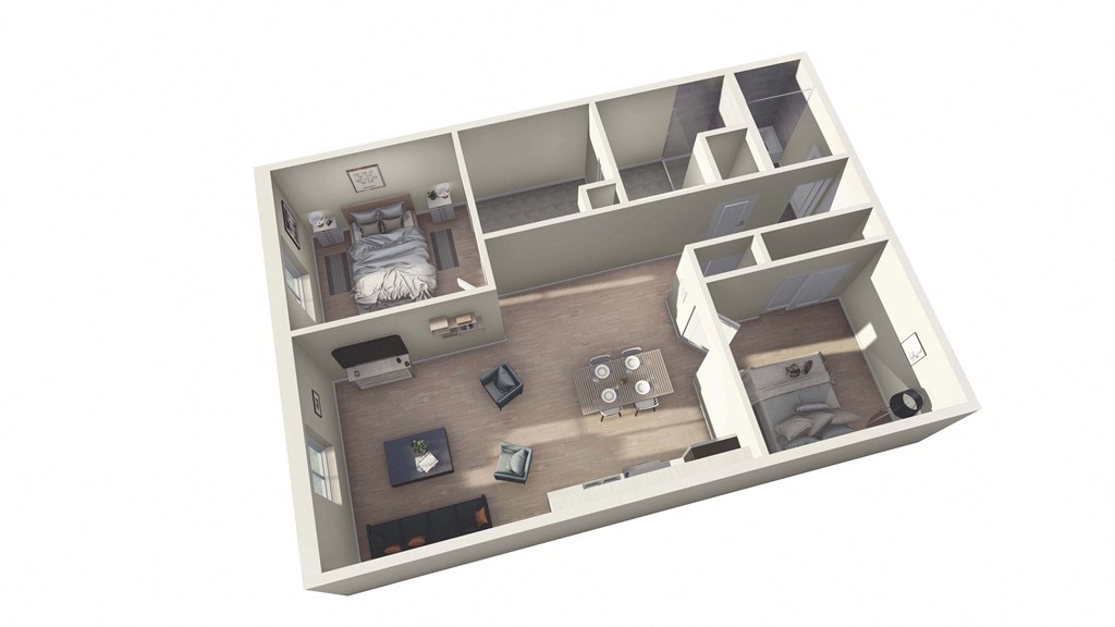 an overhead view of a 3d floor plan with a bedroom and living room